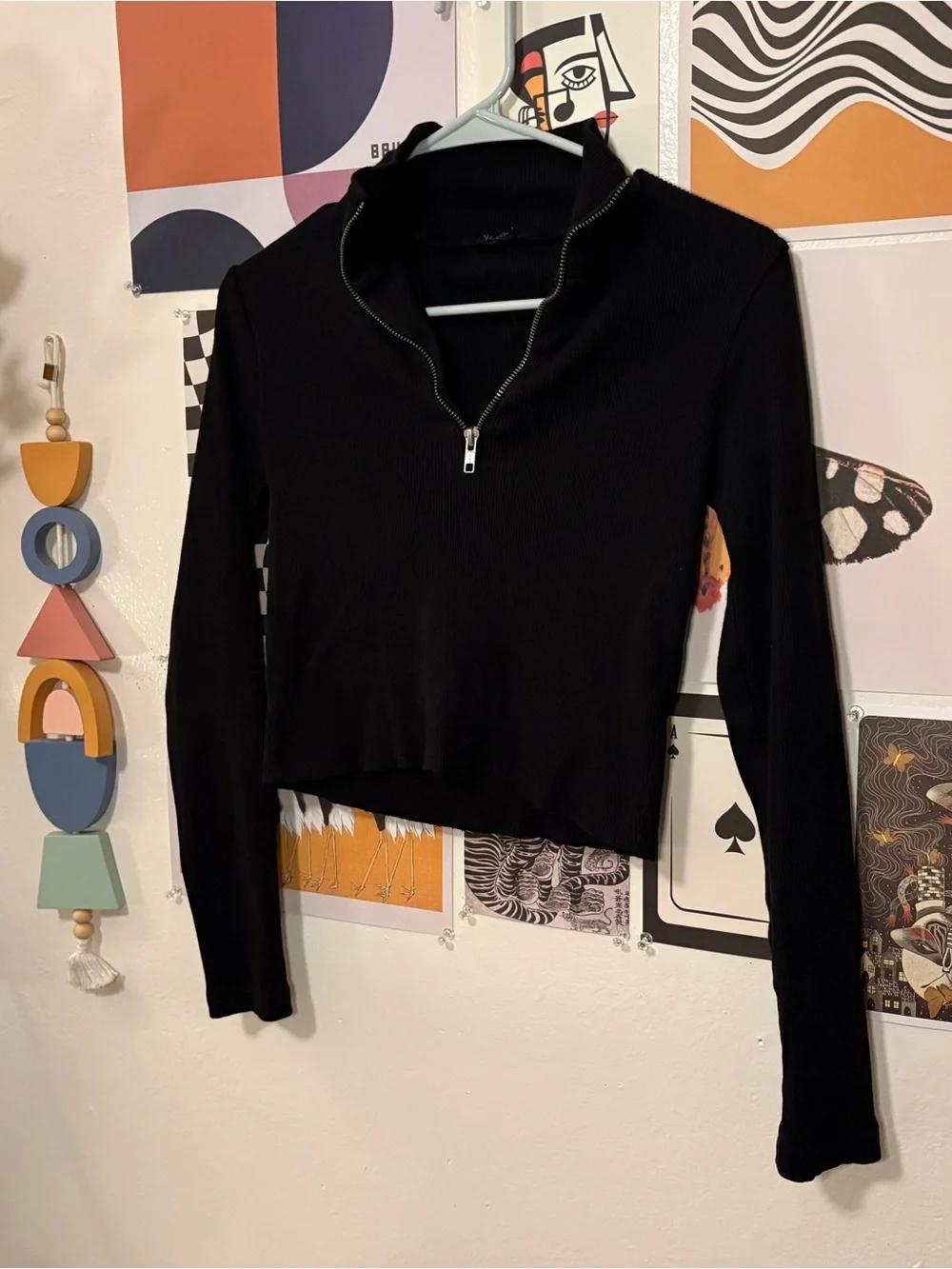 John Galt Black Ribbed Half‑Zip Long Sleeve Top